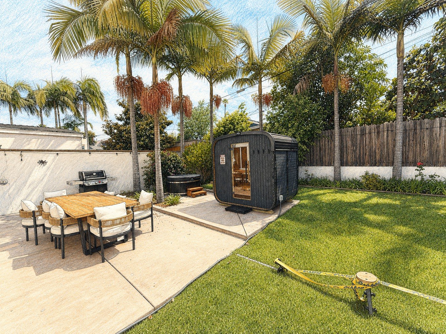 A palm-filled backyard in La Jolla Shores with a traditional black sauna and cold plunge